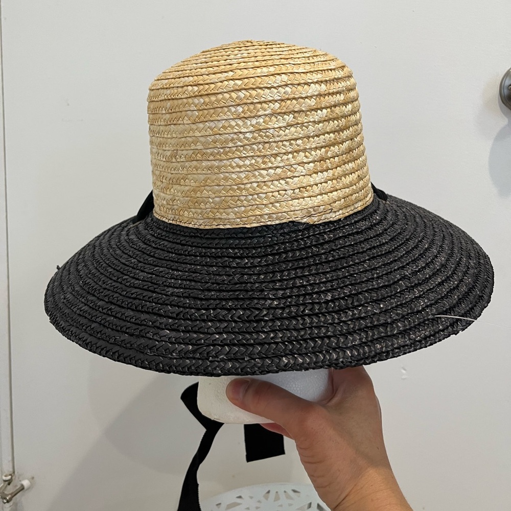 Wyeth Black & Tan Straw Wide Brim Sun Hat with Black Ribbon Tie NWOT - Picture 5 of 7